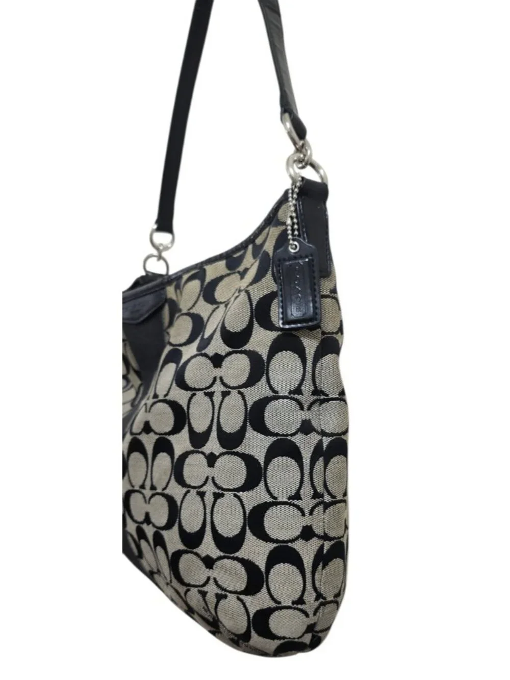Coach F29941 Signature Stripe Hobo Shoulder Bag Black Khaki Jacquard Leather